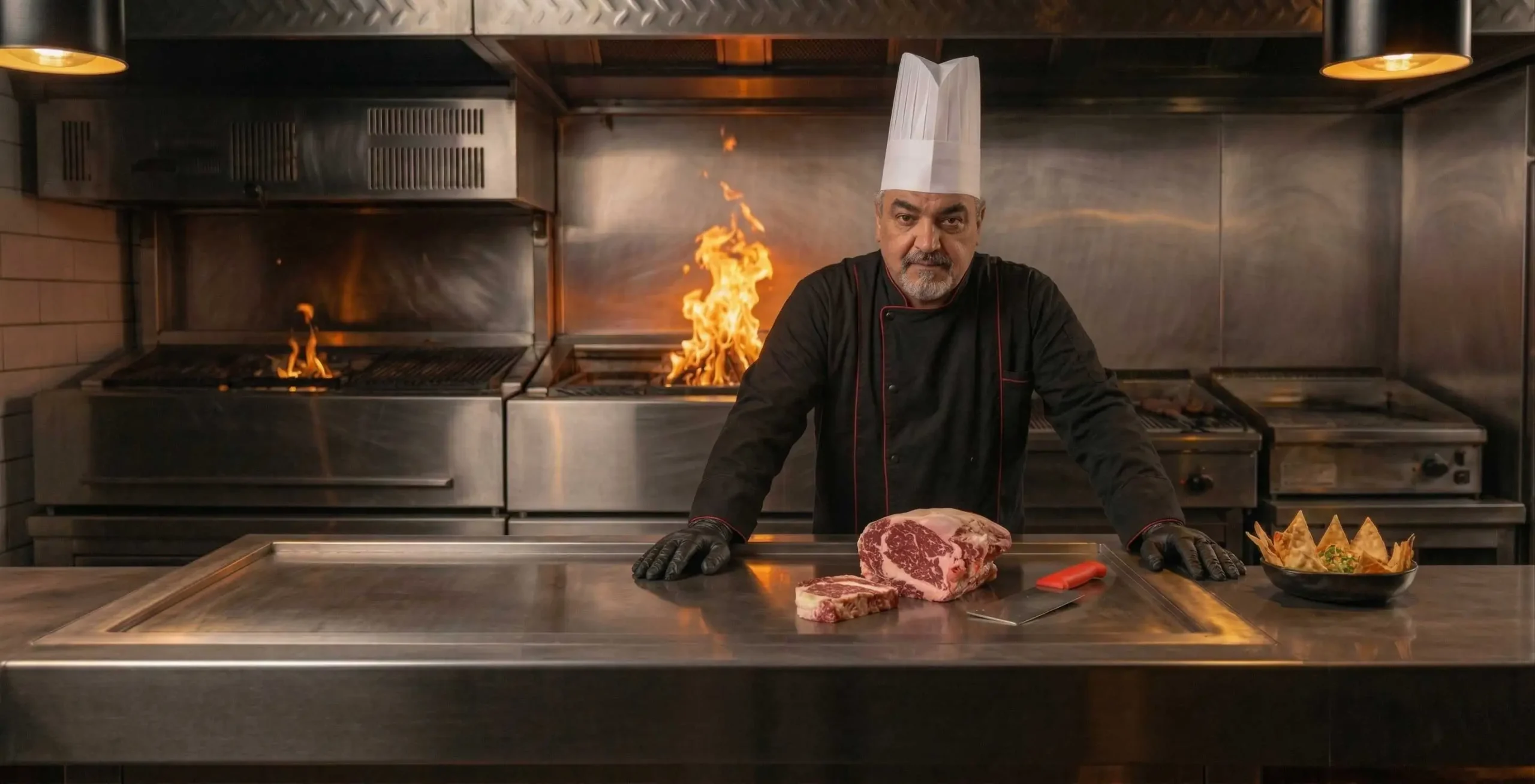 Chef at Carver Steakhouse preparing fresh Saudi lamb on the grill in a professional kitchen in Jeddah