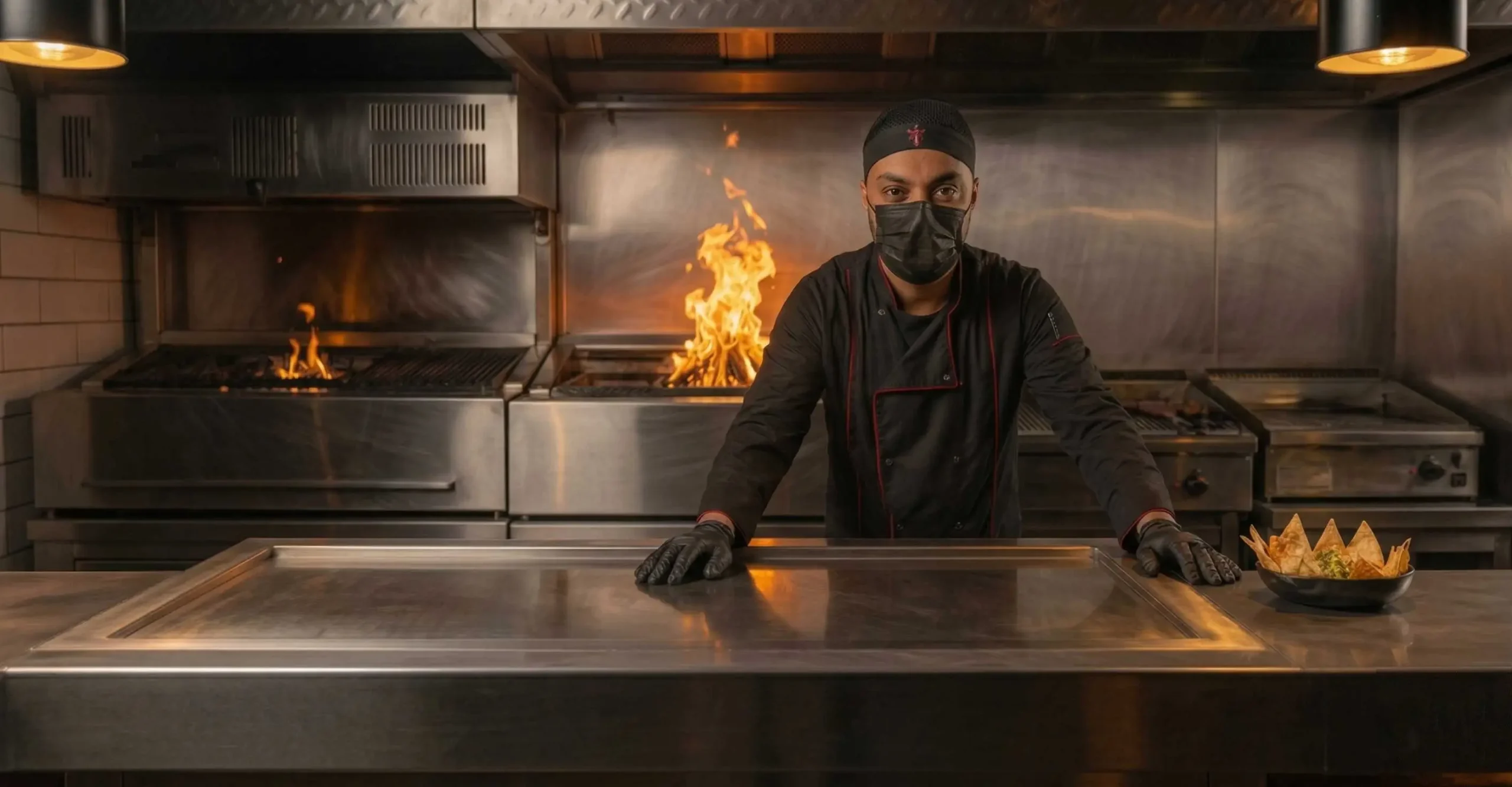 Salad chef at Carver Steakhouse working in a professional kitchen with grill flames in the background in Jeddah